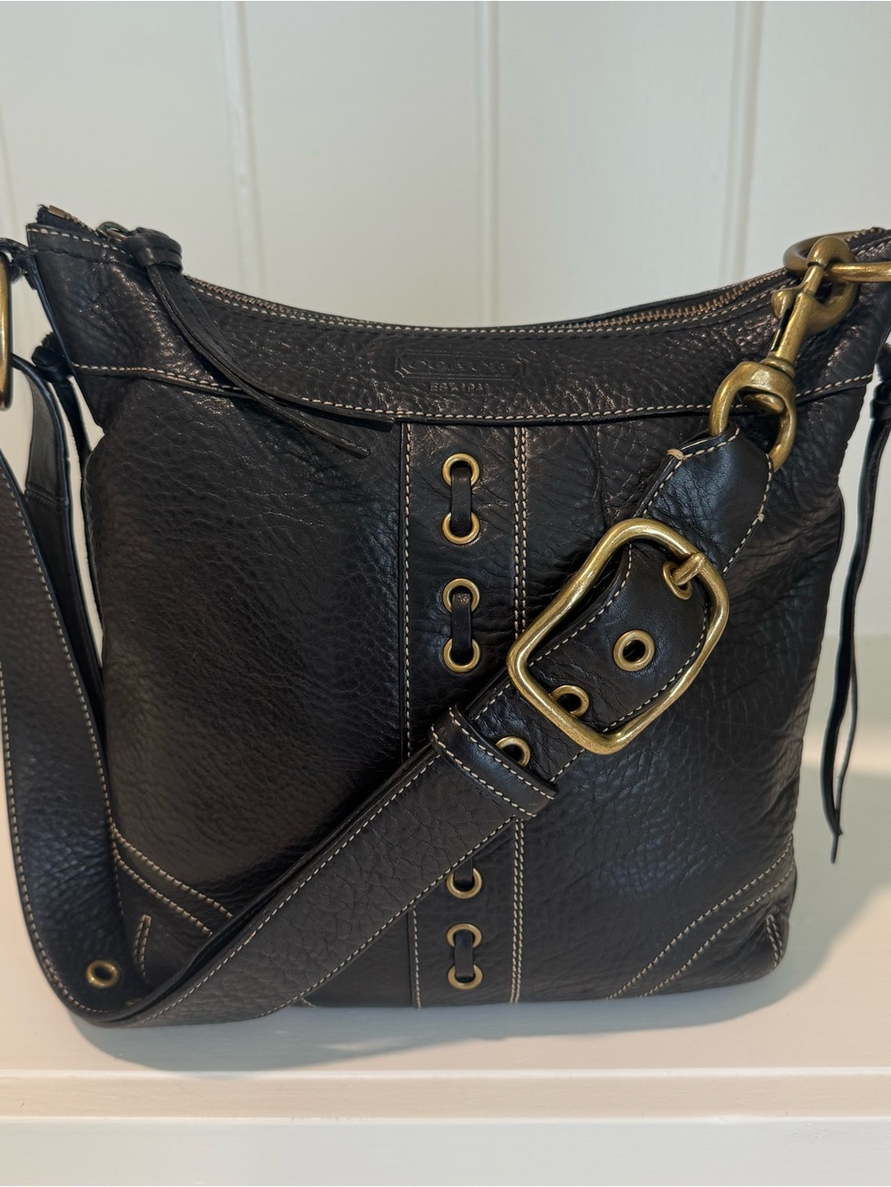 Vintage 2006 Coach Chelsea Laced Duffle Crossbody Bag Black Pebbled Leather